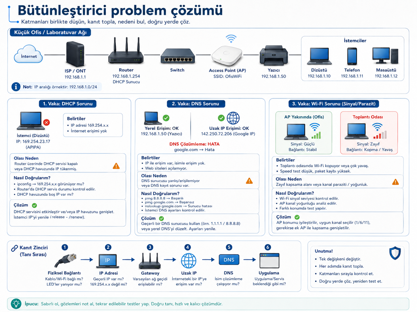 Bütünleştirici problem çözümünde küçük ofis ağı, DHCP/DNS/Wi-Fi vakaları ve kanıt zinciri.